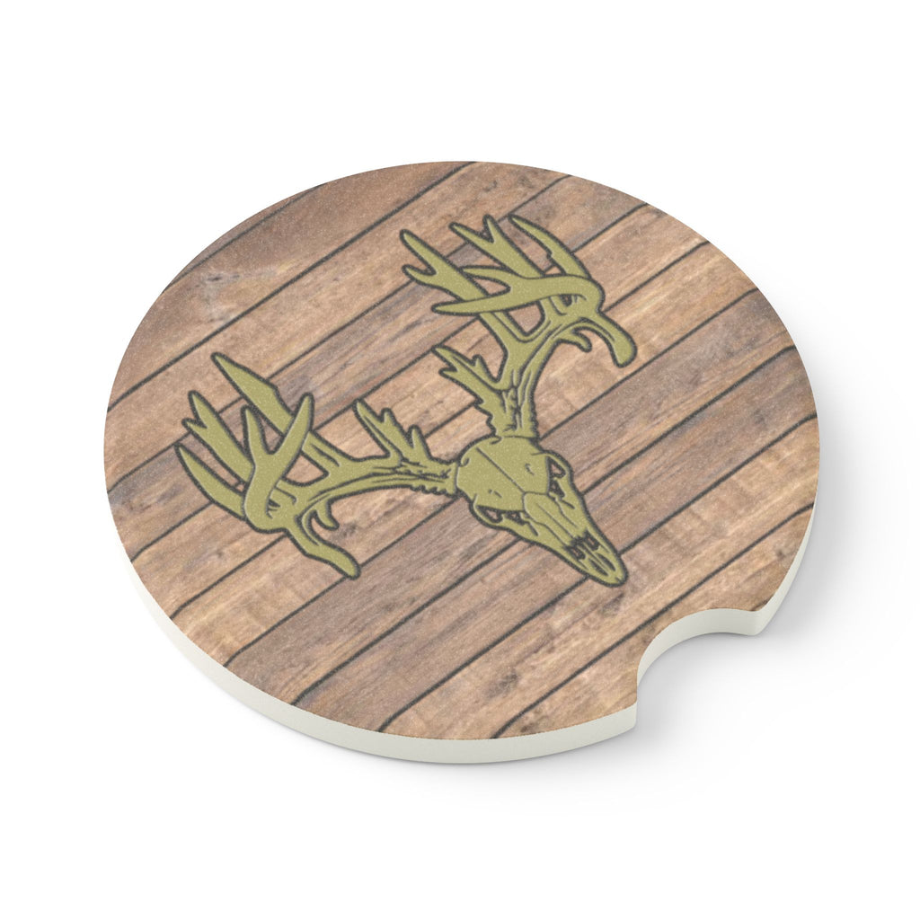 Rustic Deer Skull Soapstone Car Coaster — Wooden Plank Design