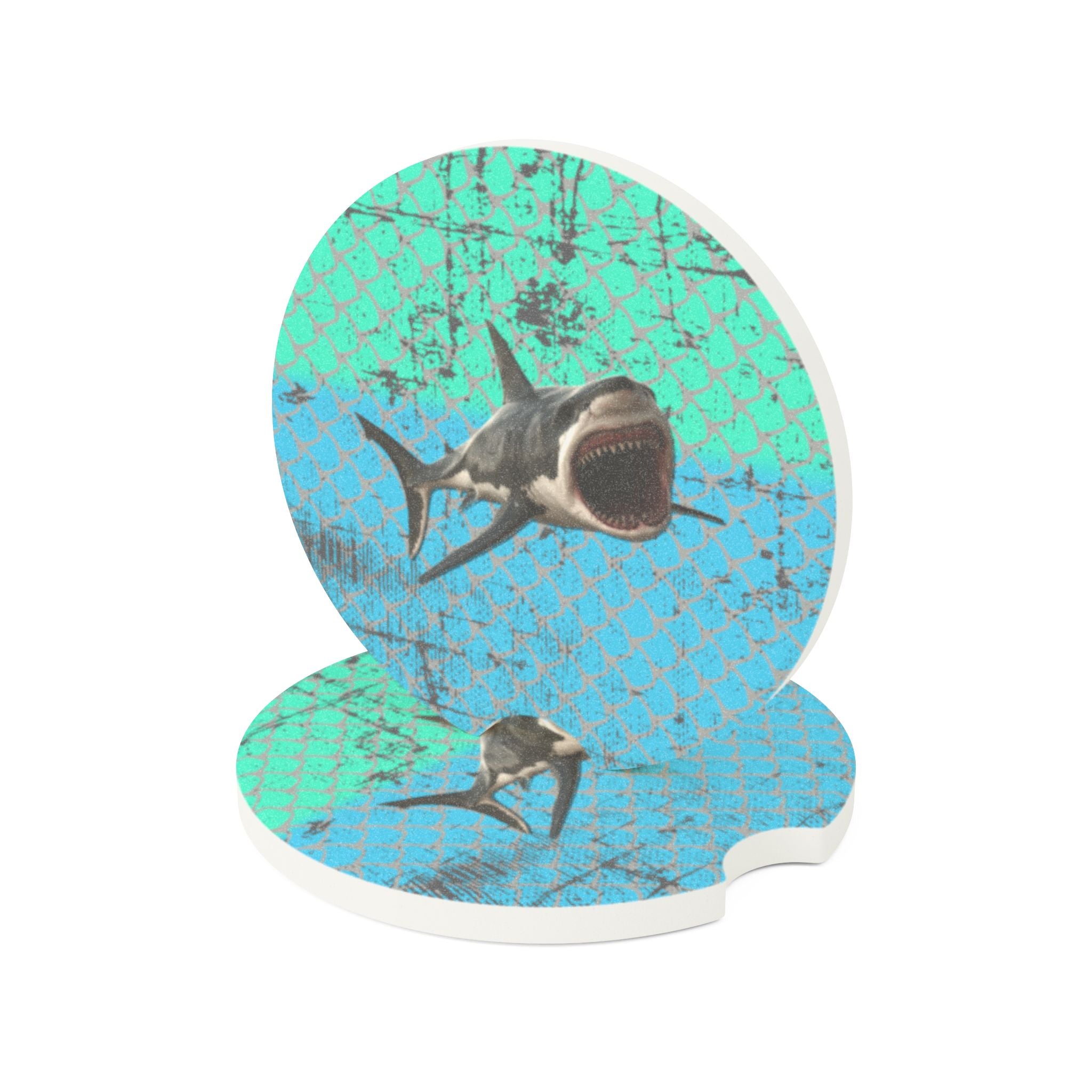 Shark Car Coaster — Distressed Ocean Blue & Green Drink Holder
