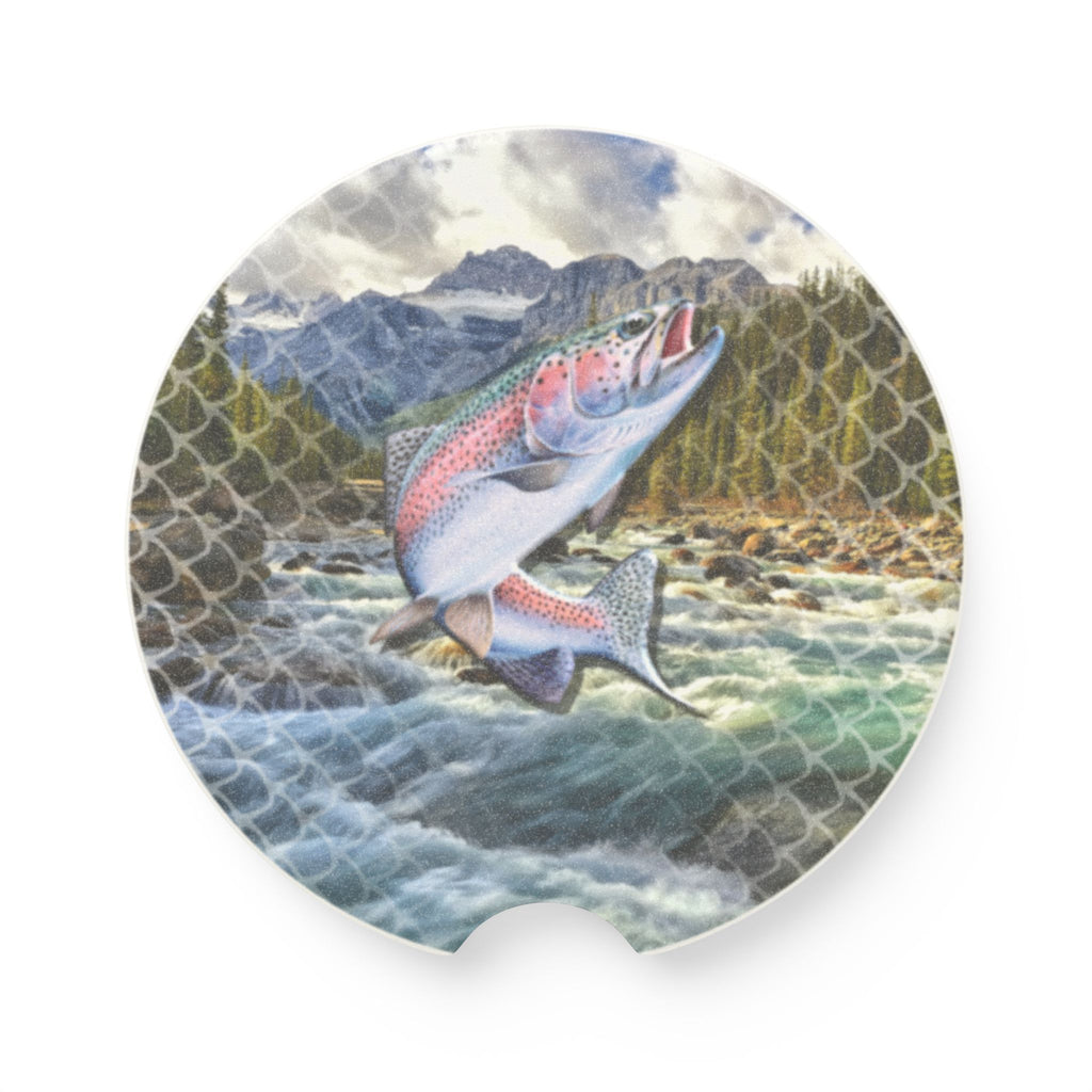 Trout River Soapstone Car Coaster — Fishing Scene Drink Holder