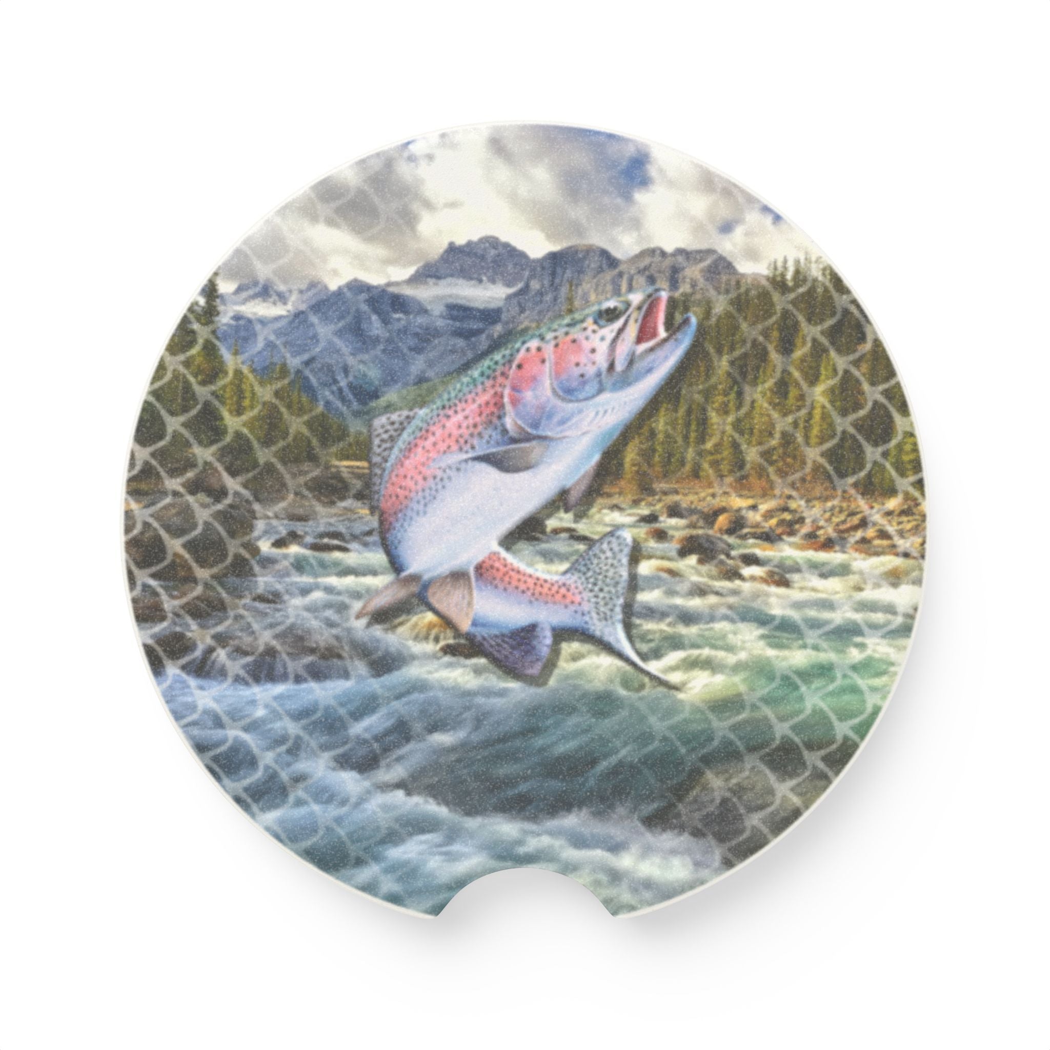 Trout River Soapstone Car Coaster — Fishing Scene Drink Holder