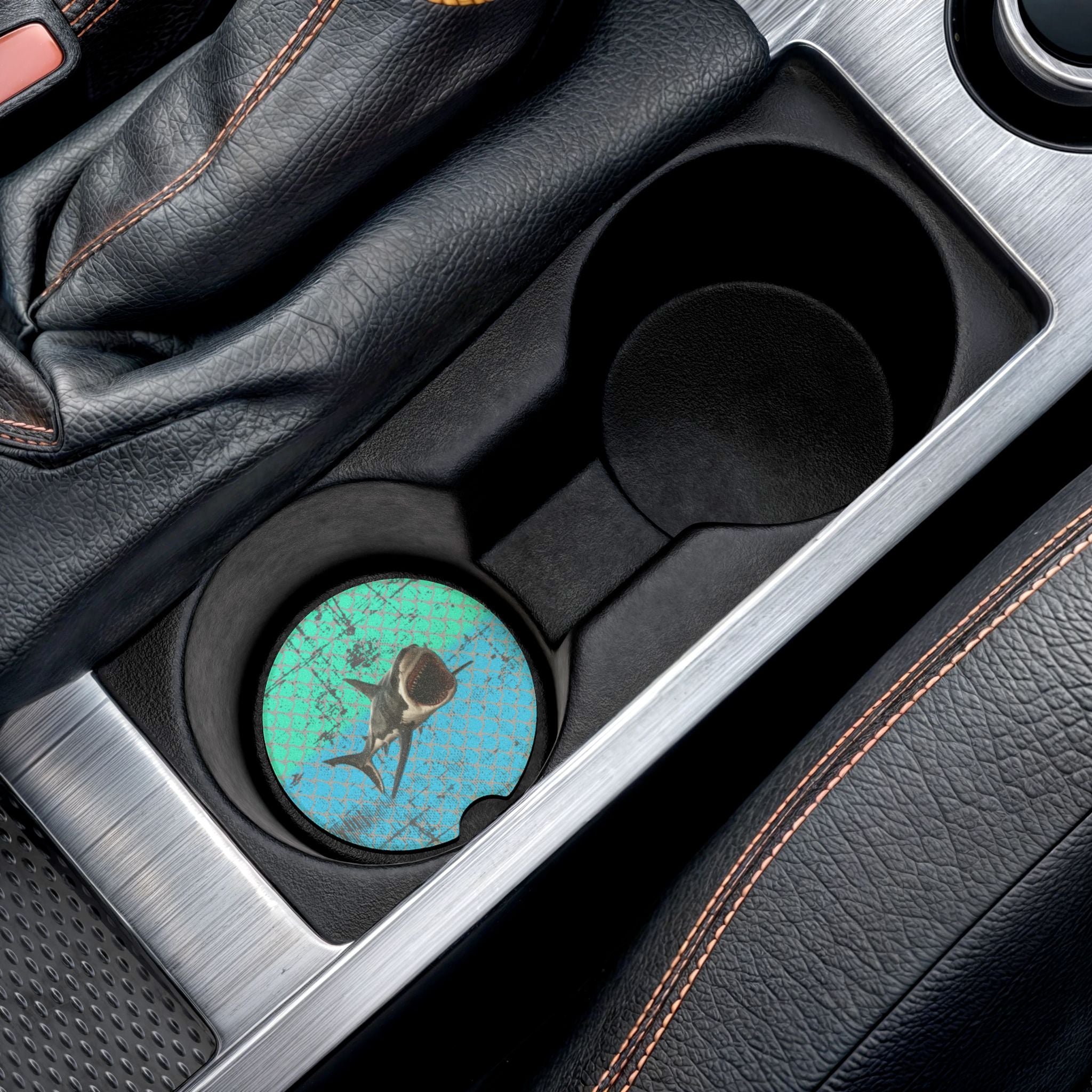Shark Car Coaster — Distressed Ocean Blue & Green Drink Holder