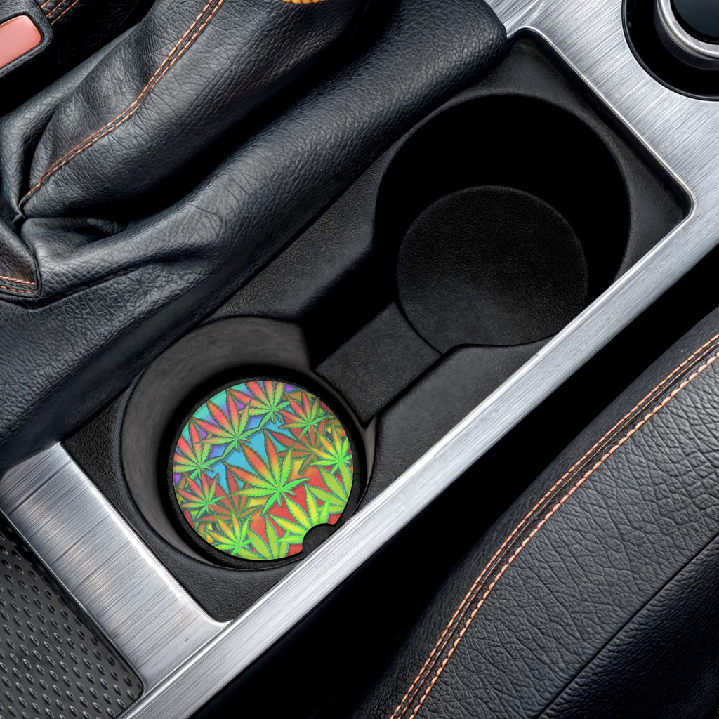 Psychedelic Rainbow Cannabis Soapstone Car Coaster