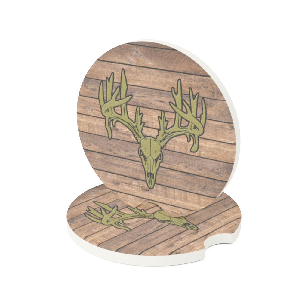 Rustic Deer Skull Soapstone Car Coaster — Wooden Plank Design