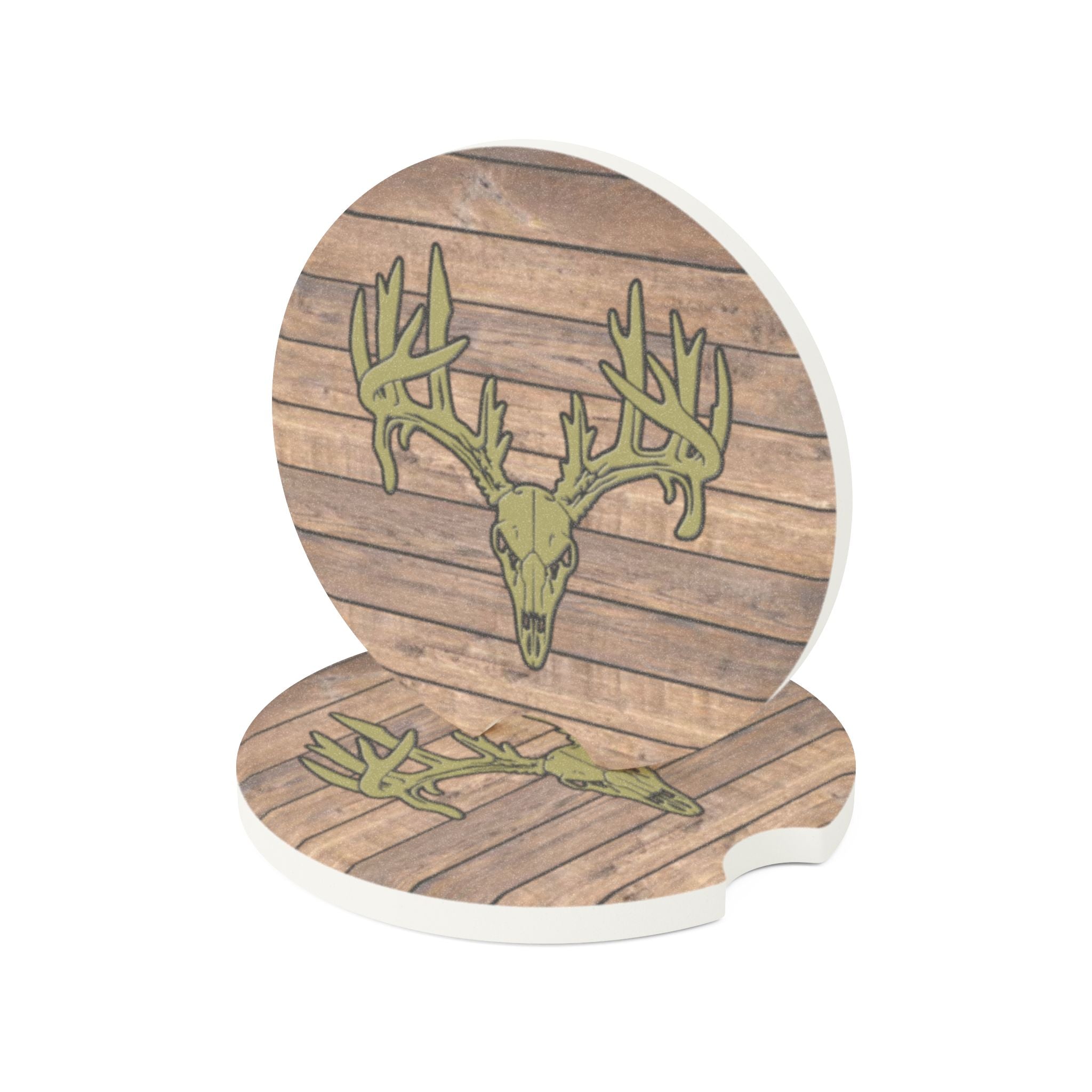 Rustic Deer Skull Soapstone Car Coaster — Wooden Plank Design