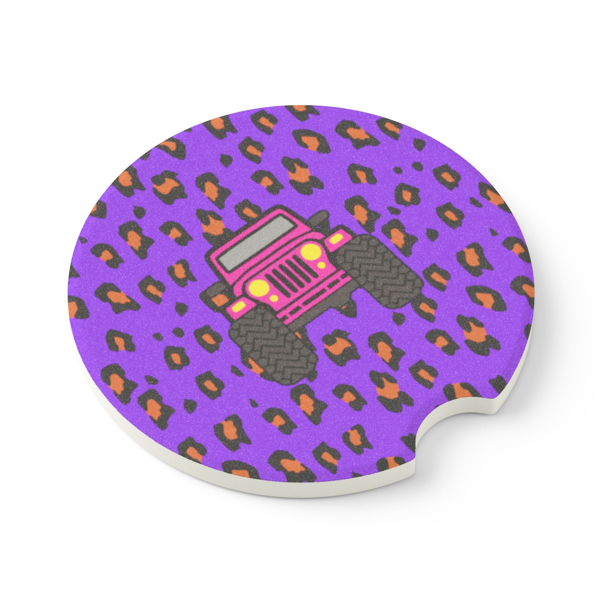 Jeep Monster Truck Car Coaster — Purple Leopard Print Soapstone Cup Holder Protector