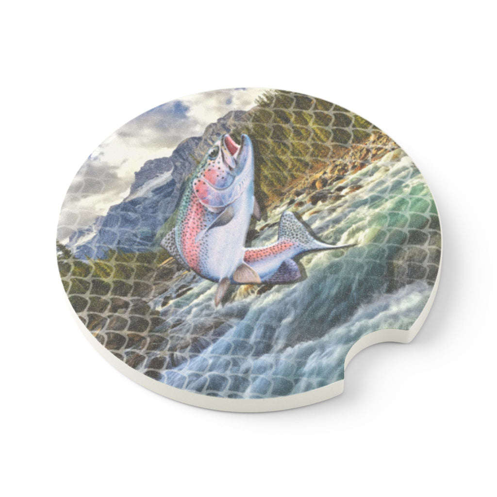 Trout River Soapstone Car Coaster — Fishing Scene Drink Holder
