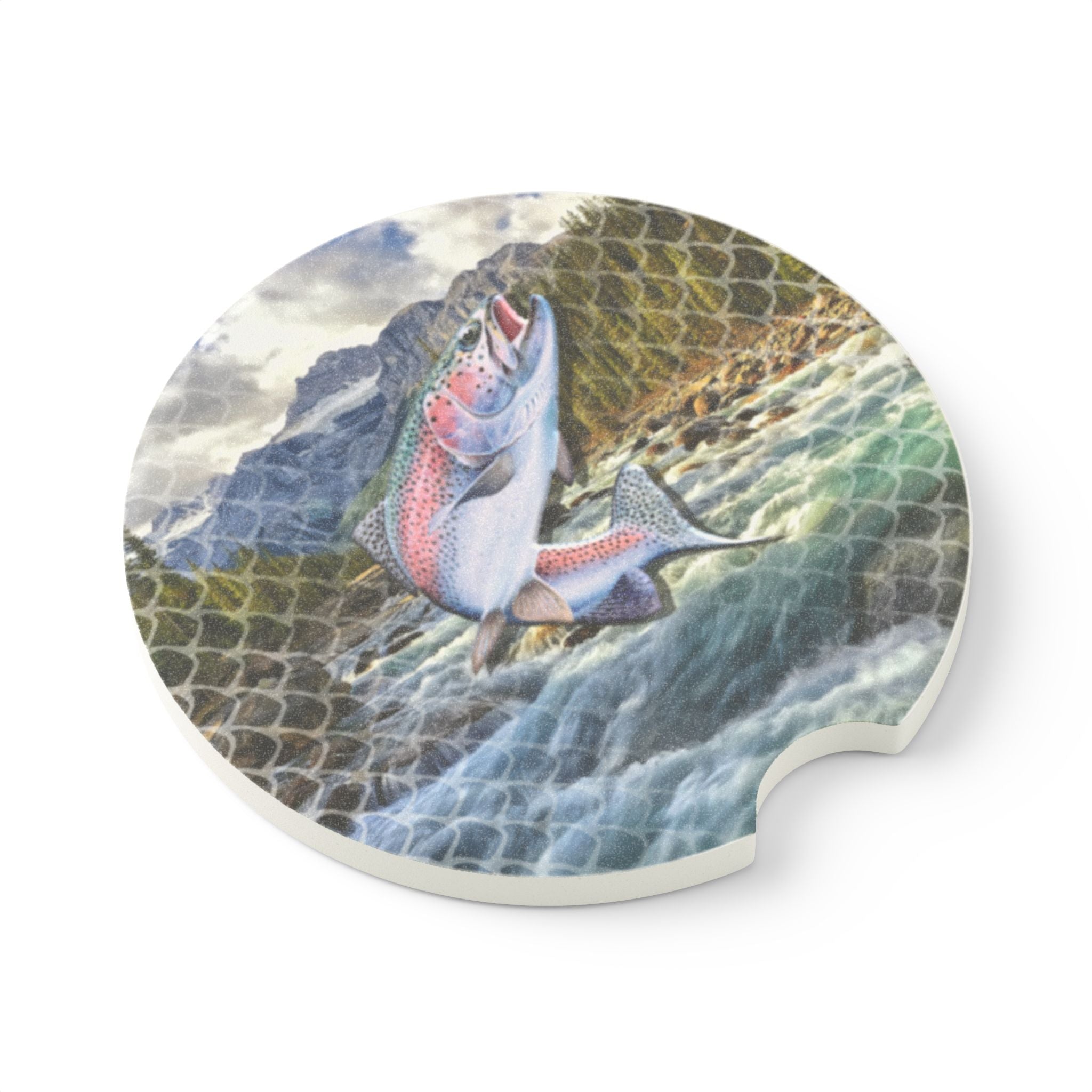 Trout River Soapstone Car Coaster — Fishing Scene Drink Holder