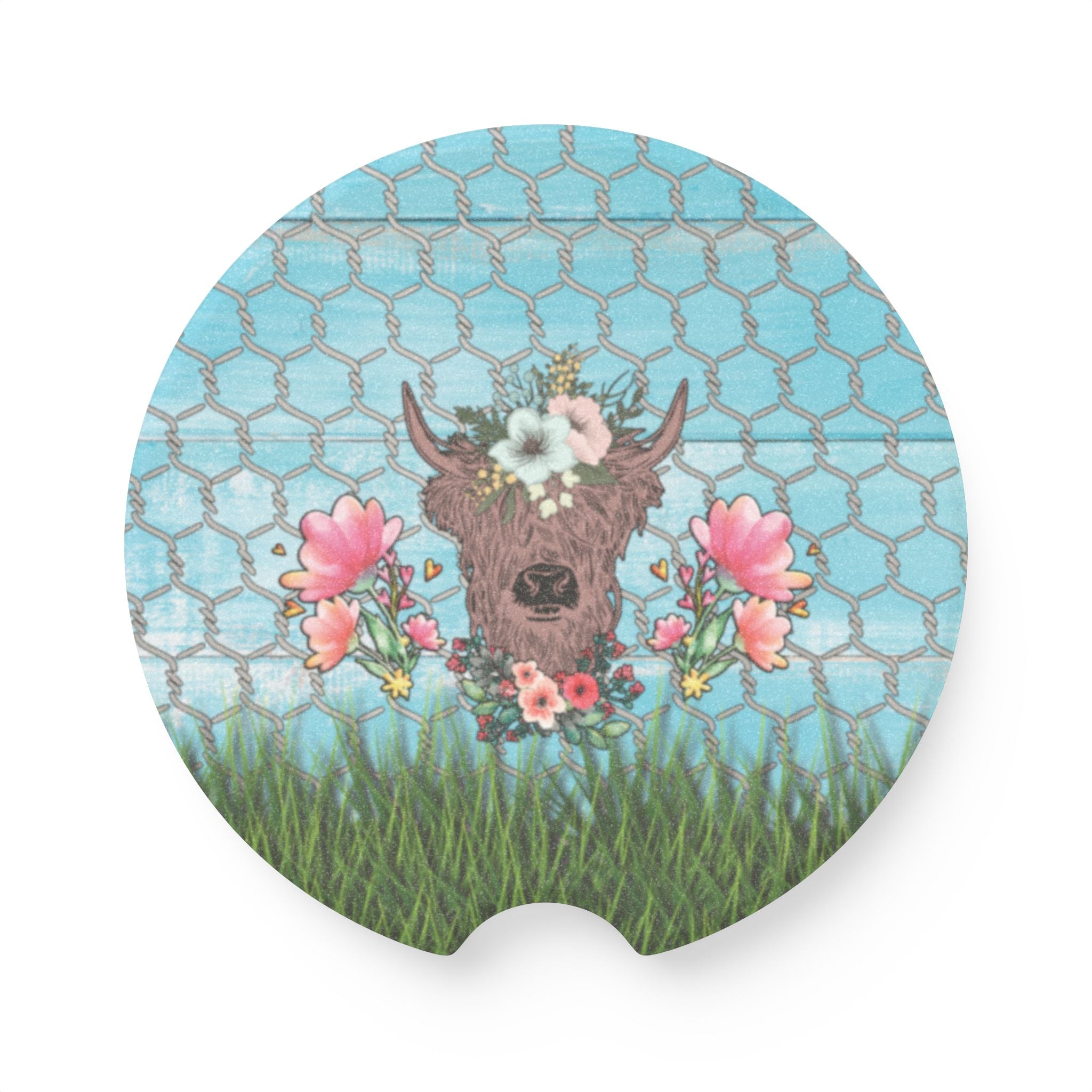Floral Highland Cow Car Coaster — Soapstone Drink Holder for Vehicles