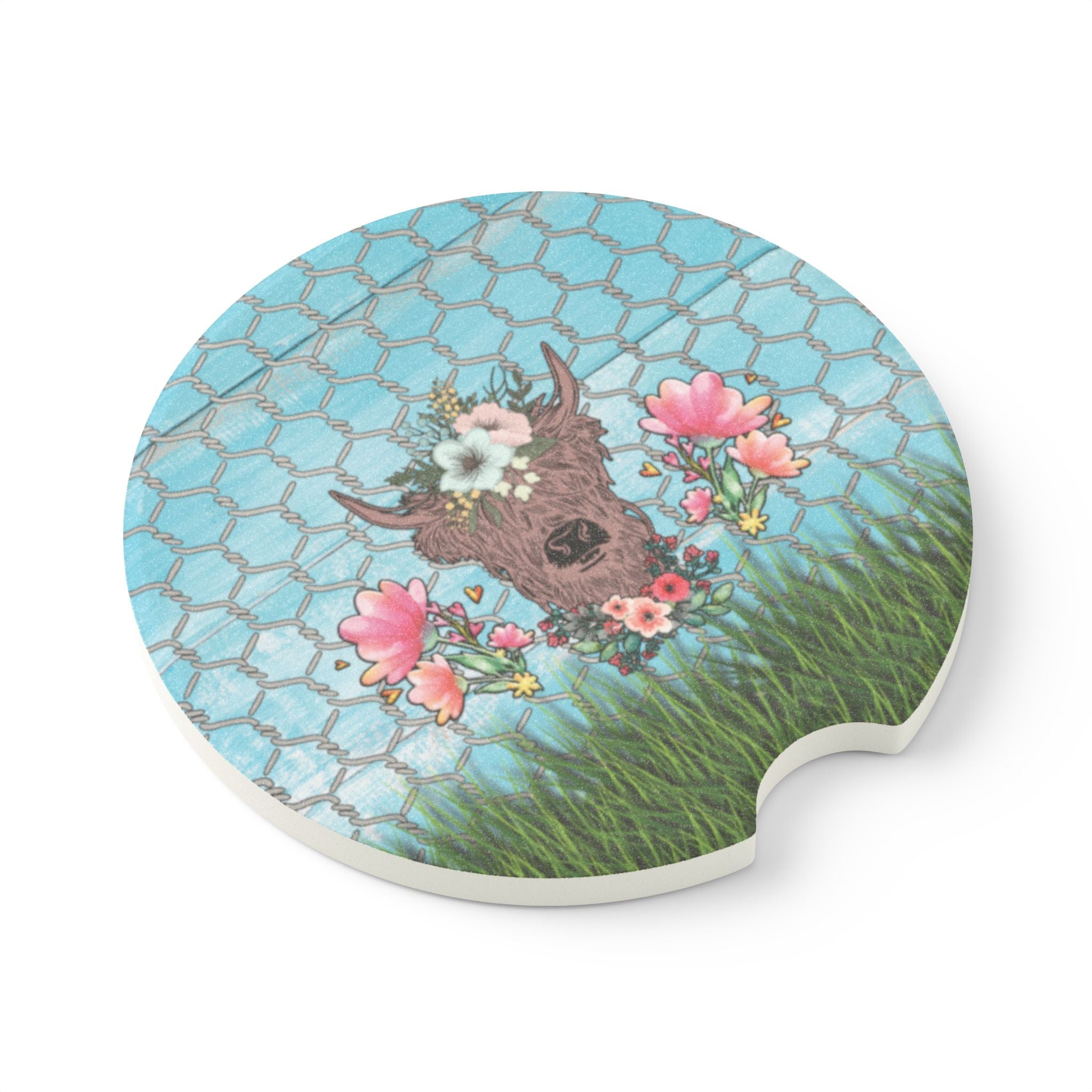 Floral Highland Cow Car Coaster — Soapstone Drink Holder for Vehicles