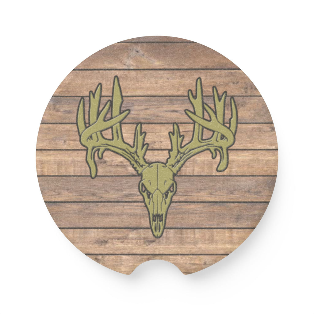 Rustic Deer Skull Soapstone Car Coaster — Wooden Plank Design