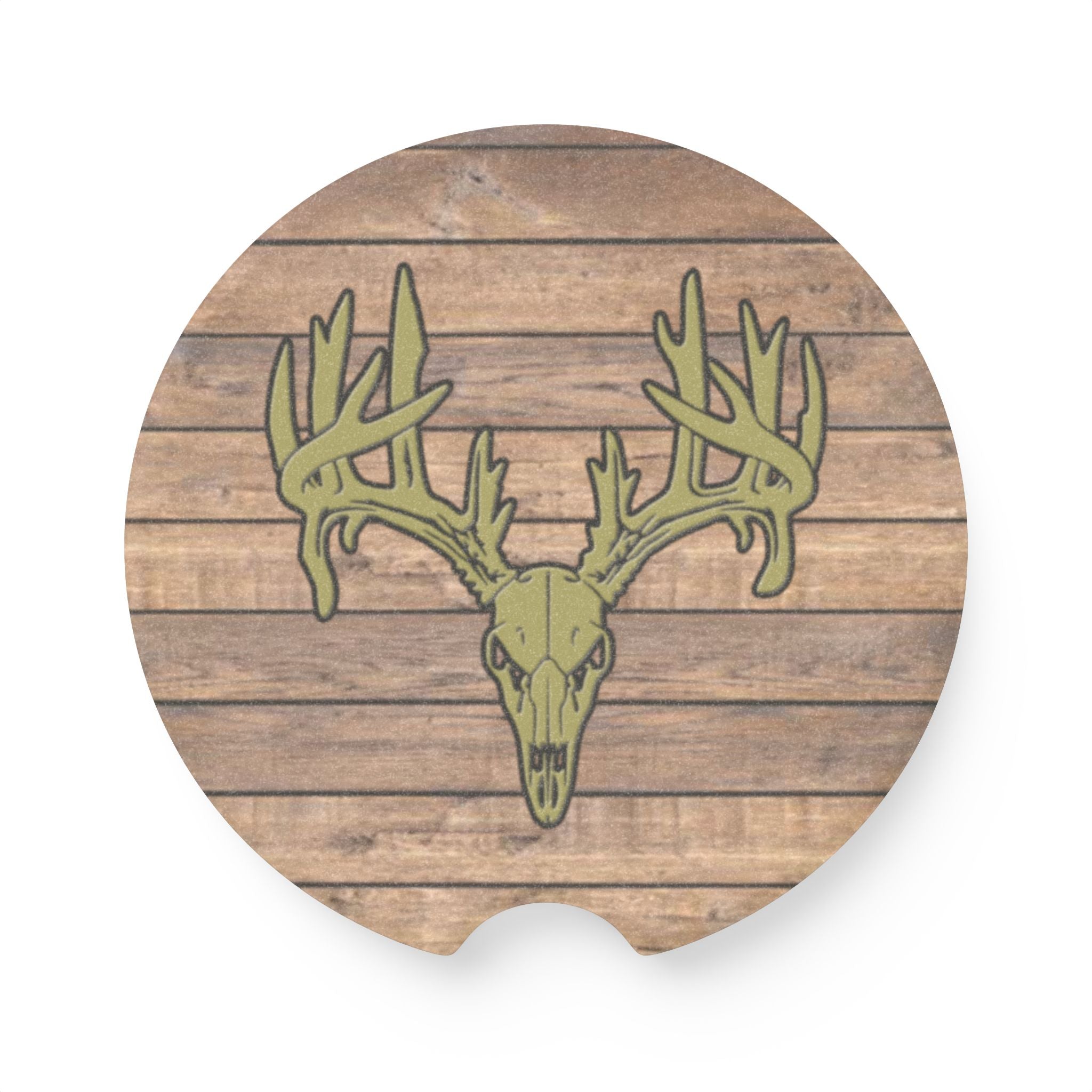 Rustic Deer Skull Soapstone Car Coaster — Wooden Plank Design