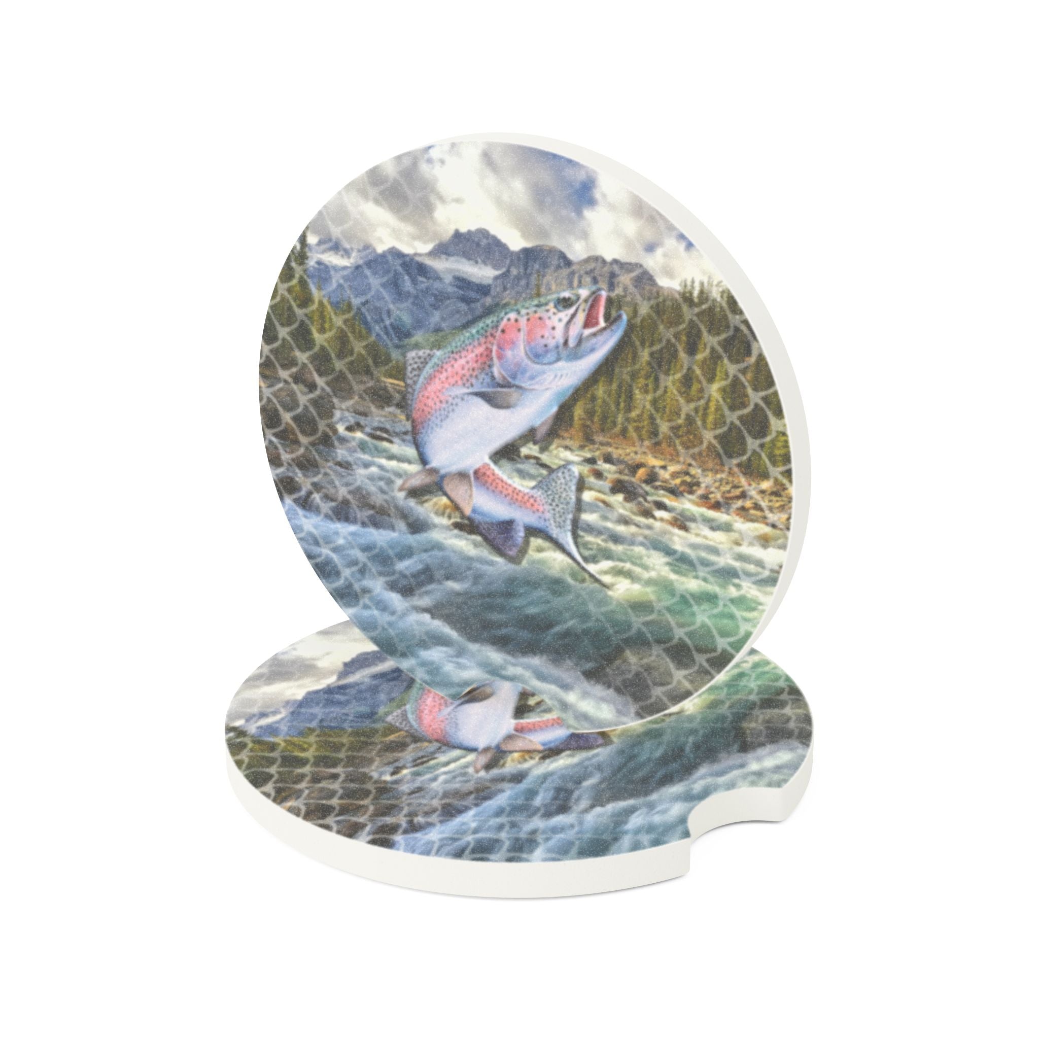 Trout River Soapstone Car Coaster — Fishing Scene Drink Holder